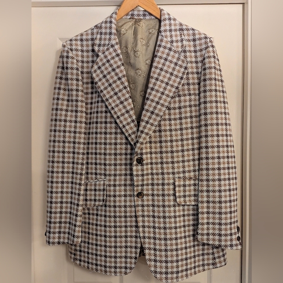 Vintage Sears The Men's Store Brown Tan & White Houndstooth Blazer 2 Buttons